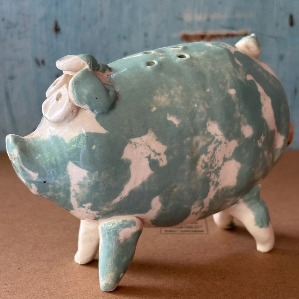 Hand-Crafted Ceramic Piggy Salt Shaker in Green and White - Picture 2 of 8